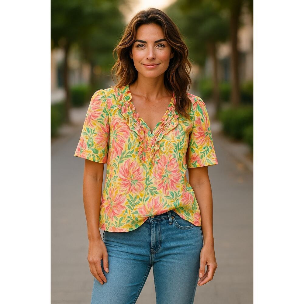 Lilly Pulitzer  sz medium silk floral fringe ruffle collar rare blouse WT235